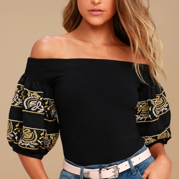 Free People Tops - Free People Rock With It Black Embroidered Off-the-Shoulder Top